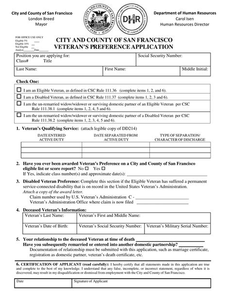 City And County Of San Francisco California Veterans Preference Application Fill Out Sign