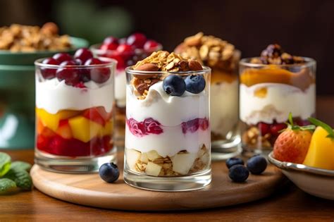 Copas Con Parfait De Yogur Griego Con Frutas Y Granola Para Un