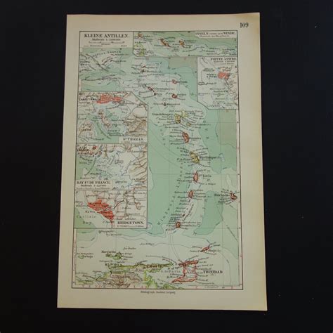 ANTILLES Old Map of the Lesser Antilles Original 1913 Small Detailed Antique Vintage Map ...