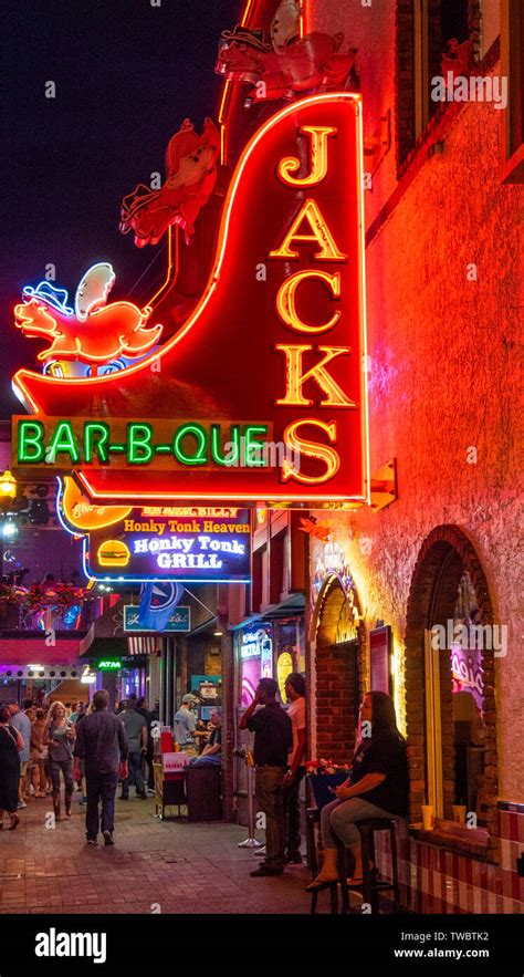 Restaurant Bar And Concert Venue Jacks Bar B Que Neon Sign Lit Up At