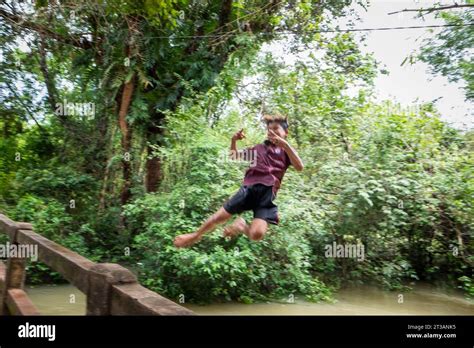 Cambodia Kampong Phluk Children Dive Into The Swollen River Stock