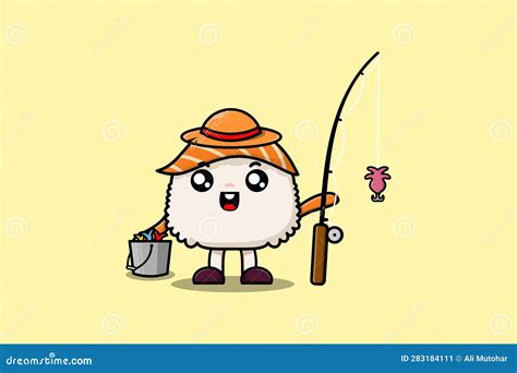 Cute Cartoon Sushi Ready Fishing Character Stock Vector Illustration