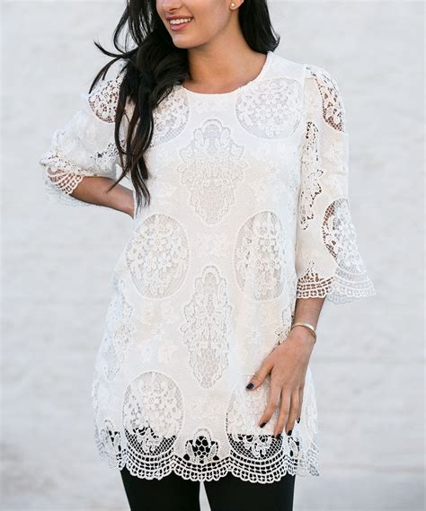 White Lace Scallop Hem Three Quarter Sleeve Top Plus White Lace Tunic Simply Couture Lace Tops