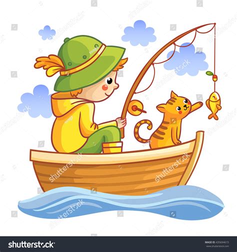 Fishing Vector Illustration Boy Boat Fishing Vectores En Stock