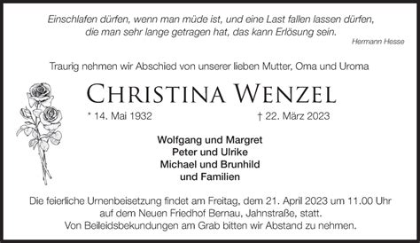 Traueranzeigen von Christina Wenzel Märkische Onlinezeitung Trauerportal