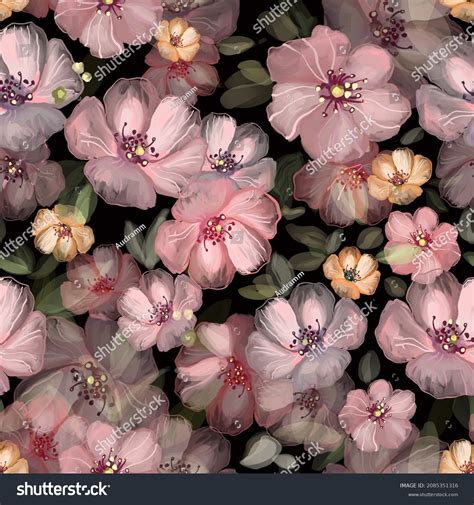 Seamless Pattern Pastel Pink Flowers Drawn Stock Illustration