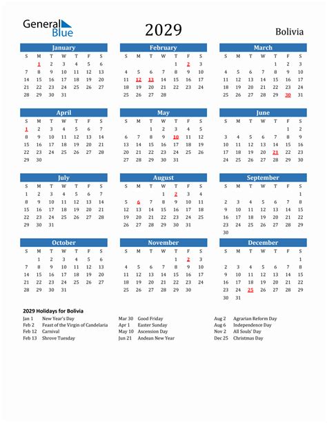 2029 Bolivia Calendar With Holidays