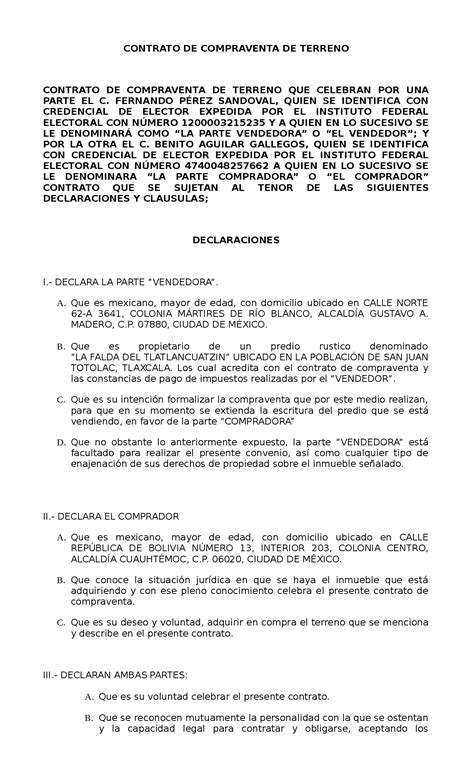 Contrato De Compraventa De Un Terreno Docsity Contrato De