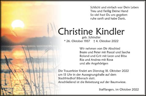 Traueranzeigen Von Christine Kindler Schwaebische De Trauerportal