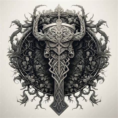 Premium AI Image | Mjolnir Norse Mythology in an ornate frame with leaves