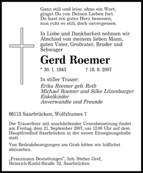 Traueranzeigen Von Gerd Roemer Saarbruecker Zeitung Trauer De