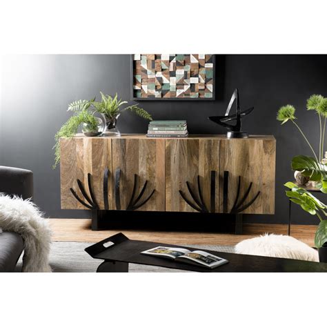 Buffet bois Manguier 177x45cm 4 portes 2 étagères déco branches pieds