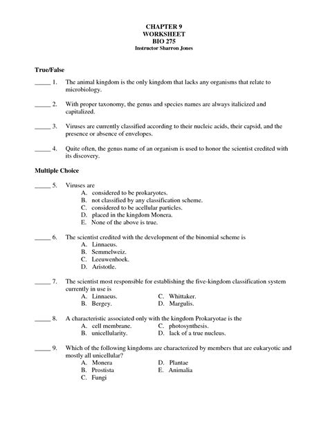 Kingdom Classification Worksheet