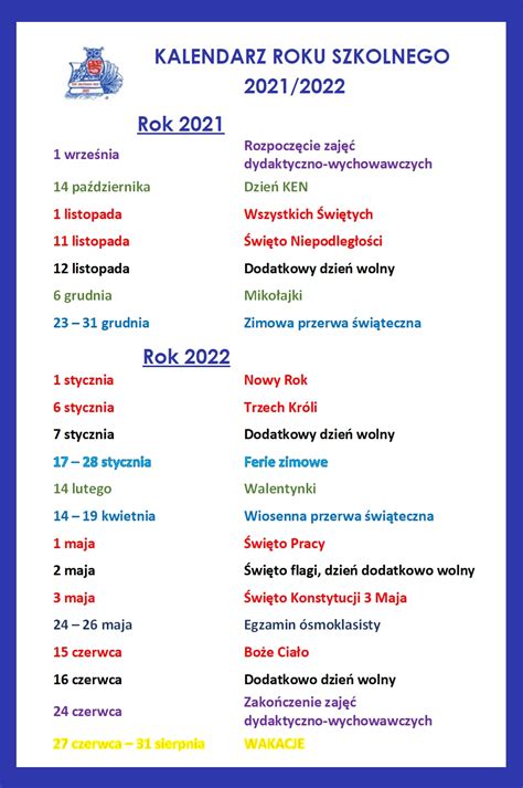 KALENDARZ ROKU SZKOLNEGO Szkoła Podstawowa nr5 w Żarach