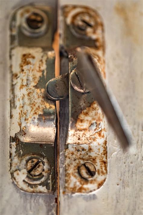 Old Metal Lock On A White Wooden Window Frame Old Wooden Window Frame