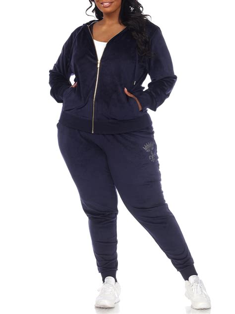 White Mark Womens Plus Size 2 Piece Rhinestone Velour Tracksuit Set