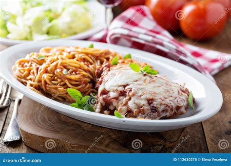 Veal Parmigiana with Spaghetti Stock Image - Image of homemade ...