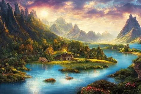 A Beautiful Fantasy Landscape With Lakes And Hills And Stable Diffusion