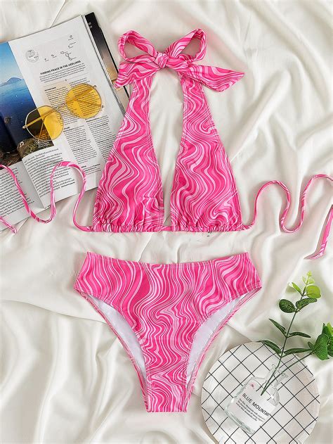 Shein Swim Vcay Conjunto De Bikini Con Estampado De Olas Sujetador Halter Y Bottom De Talle