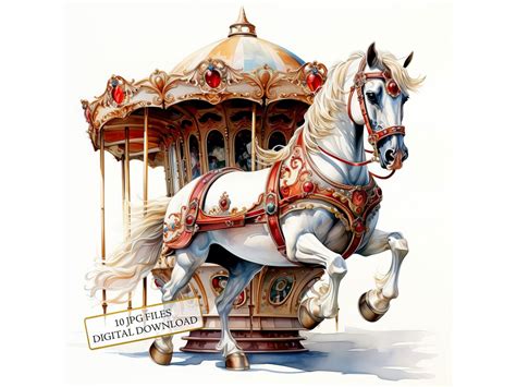 Horse From Carousel Ride Clipart Bundle 10 High Quality Watercolor Jpgs Crafting, Journaling ...