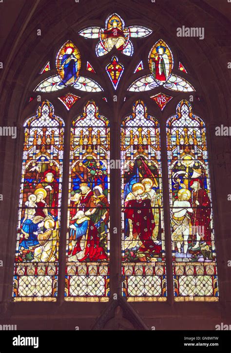 Hereford Cathedral Stained Glass Window Depicting The Nativity And Saint John The Baptist Stock