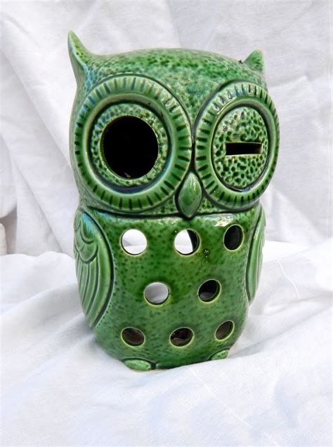 Ceramic Owl Candle Holder Figurine Sculpture Green Glaze Art Deco