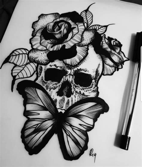 Dope Skull Rose And Butterfly Tattoo