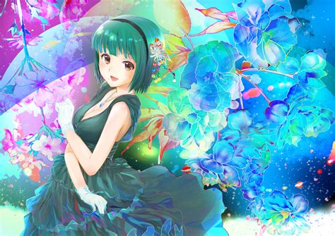 Breasts Brown Eyes Cleavage Dress Flowers Gloves Green Hair Headband Headdress Idolmaster