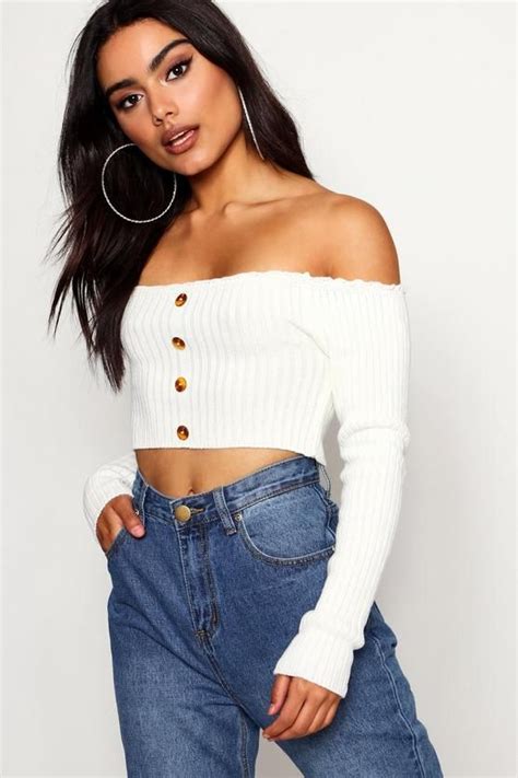 Button Front Rib Knit Bardot Crop Top Knit Tops Designs Bardot Crop Top Pretty Outfits