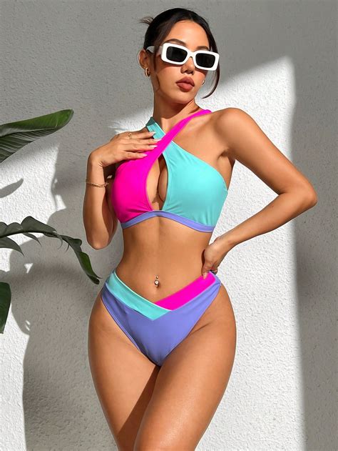 Shein Swim Vcay Conjunto De Bikini De Corte Con Cuello Halter Cruzado Y