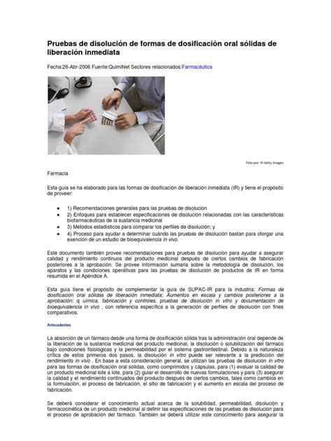 PDF Pruebas de disolución de formas de dosificación oral sólidas de