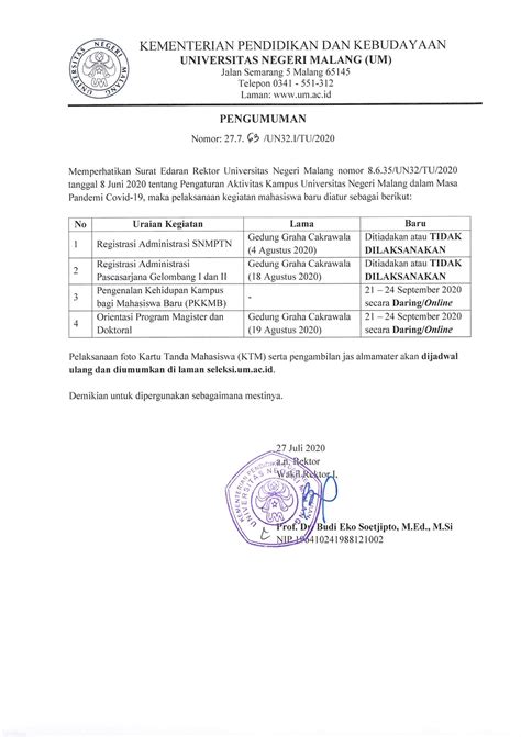 Pengumuman Perubahan Jadwal Registrasi Administrasi Dan Kegiatan