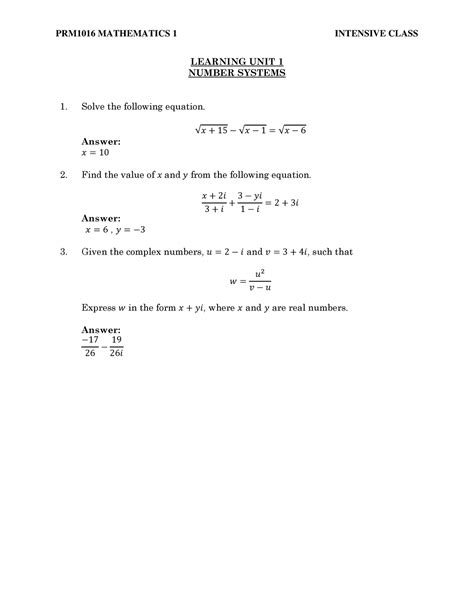 Intensive Class Questions Learning Unit 1 Number Systems Solve The Following Equation √ą