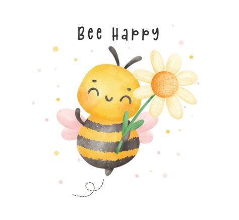 Cute Baby Honey Bee With Flower Watercolor Cartoon Character Hand