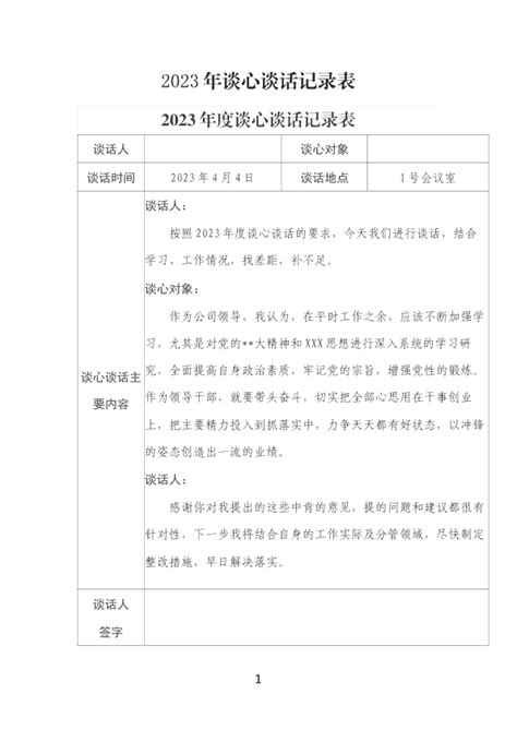 2023年谈心谈话记录表 范文大全 公文易网