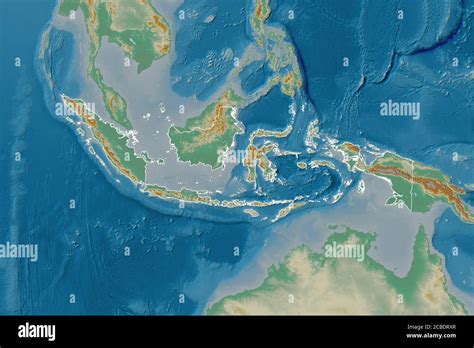 Extended area of outlined Indonesia. Topographic relief map. 3D ...