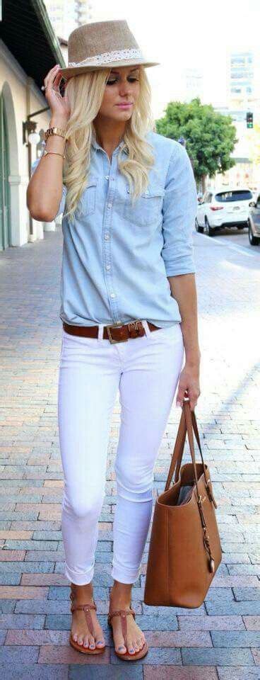 White Pants Outfit With Light Denim Shirt And Medium Brown Accessories Casual Summer Outfits