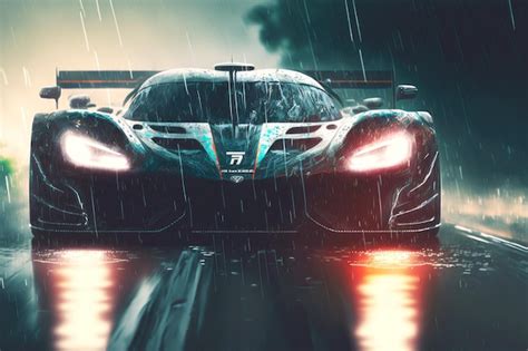 Premium Photo Sports Racing Car Driving On Wet Road In Rain Generative Ai