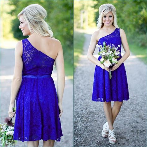 Royal Blue Lace Short Bridesmaid Dresses 2017 One Shoulder Sexy Cheap Country Bridesmaids Dress