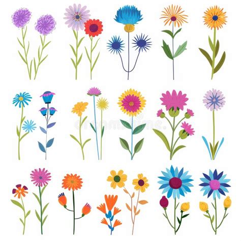 Bachelor S Button Flower Icon Set Centaurea Cyanus Flat Design