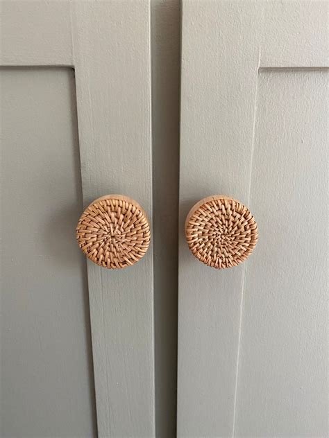 Wicker Wooden Rattan Boho Drawer Pull Door Knob Natural Home Etsy