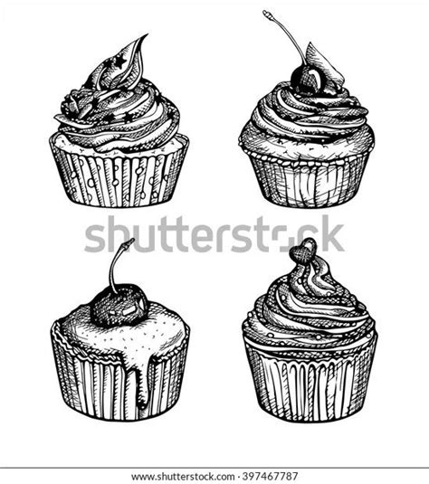 Four Hand Drawn Cupcakes With Icing And Cherries On The Top One Is