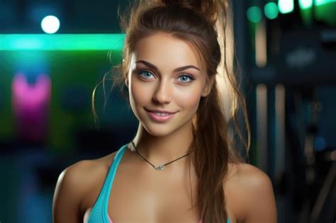 Premium Photo Smiling Beautiful Very Cute Face Of Fit Girl Standing In Gym Wearing Top Clothing