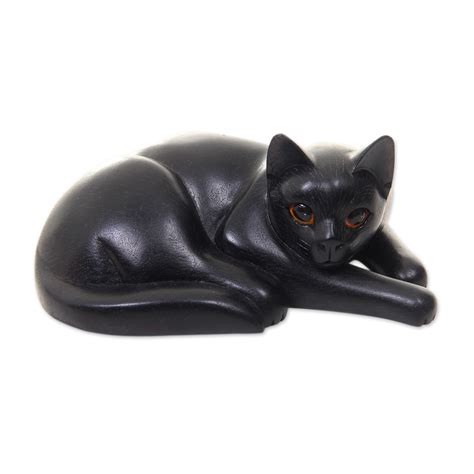 Unicef Market Artisan Carved Black Cat Wood Sculpture Lazy Black Cat