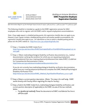 Fillable Online Sjsu REGISTRATION CHECKLIST EARC Intake Form ADAAA 08