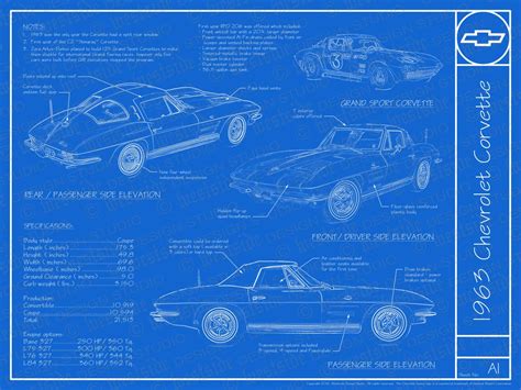 1963 Chevrolet Corvette Blueprint Poster 18x24 Jpeg Image File Etsy