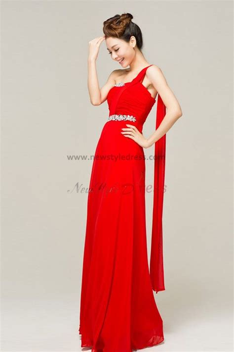 One Shoulder Red Chiffon Chest With Crystal Floor Length Gorgeous Prom