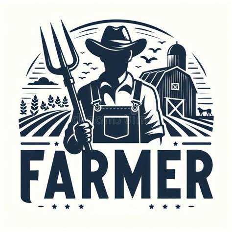 Farmer Holding A Pitchfork In Front Of A Barn And Livestock Stock