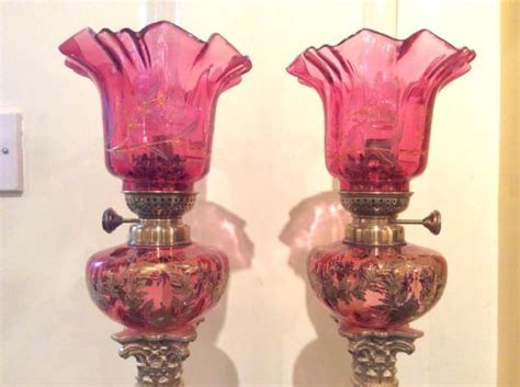 Stunning Pair Of Antique Ruby Glass Oil Peg Lamps