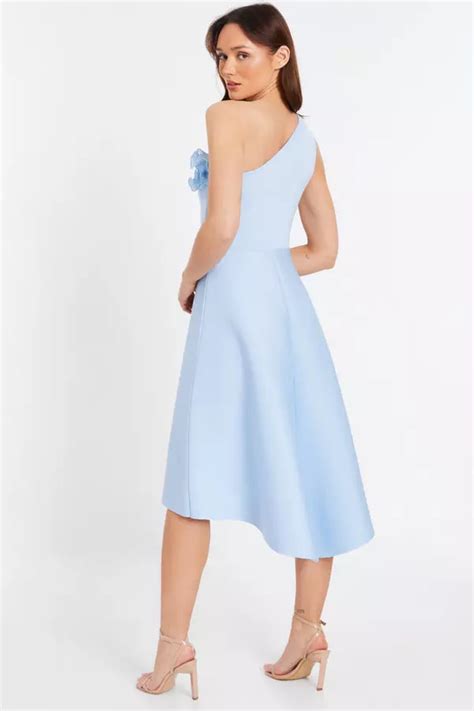 Blue One Shoulder Ruffle Skater Midi Dress Quiz Clothing